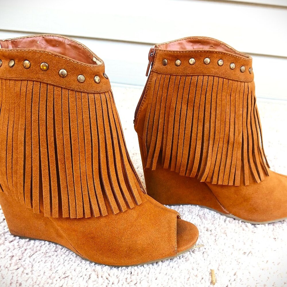 Adriana New York Cognac Suede Fringe Peep-Toe Wedge Booties